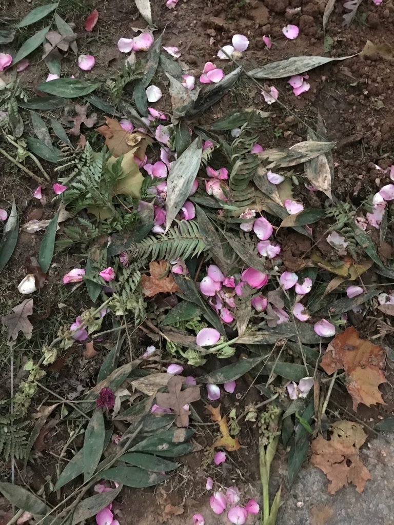 Emily Harmon's grave covered in pink rose petals